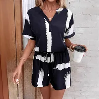 Fashionable V-neck Printed Stretch Women's T-shirt Suit Spring And Summer New Casual Style Half Sleeve Length  Trendy main image 5