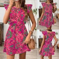 Fashion Summer Floral Print Dress Ruffle Sleeve Knot Waist Skirt A- Line Mid-Length Dress Dress Round Neck Sleeveless Elastic Waist main image 1