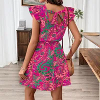 Fashion Summer Floral Print Dress Ruffle Sleeve Knot Waist Skirt A- Line Mid-Length Dress Dress Round Neck Sleeveless Elastic Waist main image 3