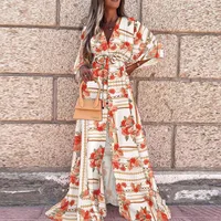 Spring And Summer Sexy V-neck Belt Single Button Beach Dress Women's Fashion Floral Print Casual High Waist Maxi Dress main image 4