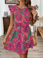 Fashion Summer Floral Print Dress Ruffle Sleeve Knot Waist Skirt A- Line Mid-Length Dress Dress Round Neck Sleeveless Elastic Waist sku image 5