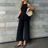 Pure Color Slim Fit Casual Set For Women Elegant Style Straight Leg Pants Waist-Cinching Top Summer New Arrival Fashion Set main image 2