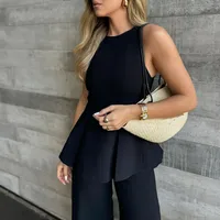 Pure Color Slim Fit Casual Set For Women Elegant Style Straight Leg Pants Waist-Cinching Top Summer New Arrival Fashion Set main image 4