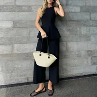 Pure Color Slim Fit Casual Set For Women Elegant Style Straight Leg Pants Waist-Cinching Top Summer New Arrival Fashion Set main image 1