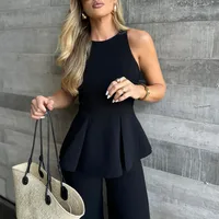 Pure Color Slim Fit Casual Set For Women Elegant Style Straight Leg Pants Waist-Cinching Top Summer New Arrival Fashion Set main image 3