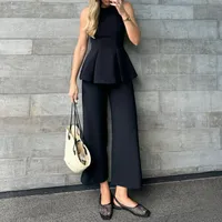 Pure Color Slim Fit Casual Set For Women Elegant Style Straight Leg Pants Waist-Cinching Top Summer New Arrival Fashion Set sku image 4