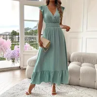 Elegant Long Summer Dress European Style Short Sleeve Women's Fashion  V-neck Ankle Length Commuter Style Design main image 1
