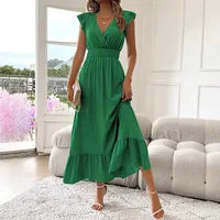 Elegant Long Summer Dress European Style Short Sleeve Women's Fashion  V-neck Ankle Length Commuter Style Design main image 2