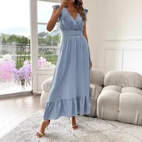Elegant Long Summer Dress European Style Short Sleeve Women's Fashion  V-neck Ankle Length Commuter Style Design main image 3