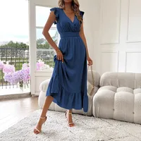 Elegant Long Summer Dress European Style Short Sleeve Women's Fashion  V-neck Ankle Length Commuter Style Design main image 4
