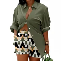 Elegant Commuter Long Sleeve Printed Shorts Two-Piece Set Women's Fashion Casual Set Polyester Fabric Other Features main image 3