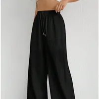 Casual Drawstring Straight Pocket Women's Solid Color Trousers High Waist Loose Fashion  Style Style main image 3