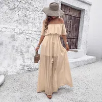 Summer  New Sexy One Shoulder Solid Color Dress, Elegant Ankle Fairy Dress, Elastic Waist Short Sleeve main image 1