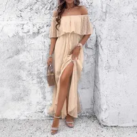 Summer  New Sexy One Shoulder Solid Color Dress, Elegant Ankle Fairy Dress, Elastic Waist Short Sleeve main image 2
