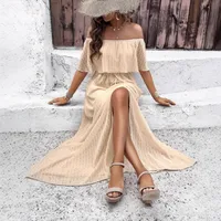 Summer  New Sexy One Shoulder Solid Color Dress, Elegant Ankle Fairy Dress, Elastic Waist Short Sleeve main image 4