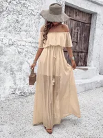 Summer  New Sexy One Shoulder Solid Color Dress, Elegant Ankle Fairy Dress, Elastic Waist Short Sleeve sku image 4