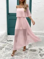 Summer  New Sexy One Shoulder Solid Color Dress, Elegant Ankle Fairy Dress, Elastic Waist Short Sleeve sku image 8