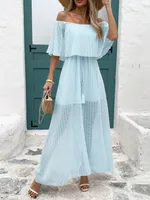 Summer  New Sexy One Shoulder Solid Color Dress, Elegant Ankle Fairy Dress, Elastic Waist Short Sleeve sku image 13