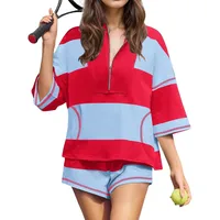 Casual Fashion  Style Style Loose Shorts Suit Cropped Sleeves With Zipper Long Striped Polyester Lycra Fabric main image 1