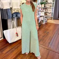 Casual Striped Wide Leg Jumpsuit Women Sleeveless Loose Design Spring And Summer New High Waist Trousers Comfortable Polyester Material main image 1
