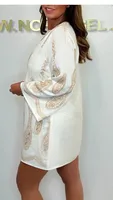 Bohemian Style V-neck Printed Pajamas Hollow Out Design Elegant Spring Fashion Short Sleeve Knee-Length Casual Dress sku image 5