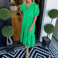 Casual Fashion Solid Color Stand Collar Mid-Length Dress International Style Women's Short Sleeve High Waist Irregular Hem main image 1