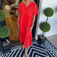 Casual Fashion Solid Color Stand Collar Mid-Length Dress International Style Women's Short Sleeve High Waist Irregular Hem main image 3