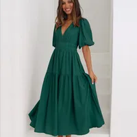 Summer New Deep V-neck Puff Sleeve Holiday Dress Elegant A- Line Midi Dress Polyester Fabric Short Sleeve Women's Fashion main image 1