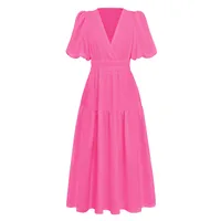 Summer New Deep V-neck Puff Sleeve Holiday Dress Elegant A- Line Midi Dress Polyester Fabric Short Sleeve Women's Fashion main image 2