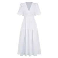Summer New Deep V-neck Puff Sleeve Holiday Dress Elegant A- Line Midi Dress Polyester Fabric Short Sleeve Women's Fashion main image 3