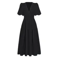 Summer New Deep V-neck Puff Sleeve Holiday Dress Elegant A- Line Midi Dress Polyester Fabric Short Sleeve Women's Fashion main image 4