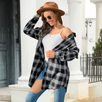 Plus Size Women's Plaid Shirt Long Sleeve American Retro Coat Fall Mid-Length Geometric Pattern Polyester Loose Design main image 2