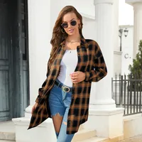 Plus Size Women's Plaid Shirt Long Sleeve American Retro Coat Fall Mid-Length Geometric Pattern Polyester Loose Design main image 3