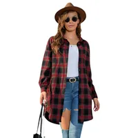 Plus Size Women's Plaid Shirt Long Sleeve American Retro Coat Fall Mid-Length Geometric Pattern Polyester Loose Design main image 5
