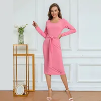 Solid Color Long Sleeve Dress Women Mid-Length Dress Dress Split High Waist Slim Fit Style Macaron Color Design Polyester And Spandex Material main image 2