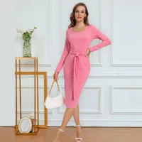 Solid Color Long Sleeve Dress Women Mid-Length Dress Dress Split High Waist Slim Fit Style Macaron Color Design Polyester And Spandex Material main image 3