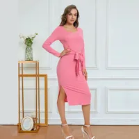 Solid Color Long Sleeve Dress Women Mid-Length Dress Dress Split High Waist Slim Fit Style Macaron Color Design Polyester And Spandex Material main image 4