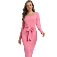 Solid Color Long Sleeve Dress Women Mid-Length Dress Dress Split High Waist Slim Fit Style Macaron Color Design Polyester And Spandex Material main image 5