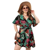 Floral Print Holiday Dress Bohemian Style Beach Travel V-neck Lace-up Waist Plus Size Women Dress Elegant Style Knee-Length A- Line Skirt main image 5