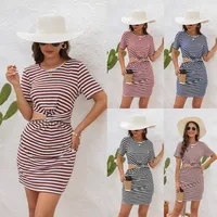 Casual Style Irregular Hollow-out Round Neck Mini Dress High Waist Slim Fit Dress Striped/Plaid Pattern 3D Decorative Spandex Polyester Fabric Short Sleeve main image 1
