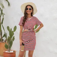 Casual Style Irregular Hollow-out Round Neck Mini Dress High Waist Slim Fit Dress Striped/Plaid Pattern 3D Decorative Spandex Polyester Fabric Short Sleeve main image 4