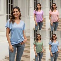 Casual Hollow Out V-neck Pleated Sleeve T-shirt Female Fashion European Style Sweet Comely Short-Sleeved T-shirt Polyester Fabric main image 1
