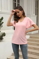 Casual Hollow Out V-neck Pleated Sleeve T-shirt Female Fashion European Style Sweet Comely Short-Sleeved T-shirt Polyester Fabric sku image 3