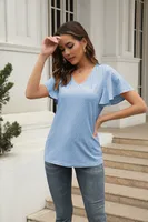Casual Hollow Out V-neck Pleated Sleeve T-shirt Female Fashion European Style Sweet Comely Short-Sleeved T-shirt Polyester Fabric sku image 9
