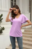 Casual Hollow Out V-neck Pleated Sleeve T-shirt Female Fashion European Style Sweet Comely Short-Sleeved T-shirt Polyester Fabric sku image 12