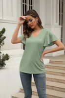 Casual Hollow Out V-neck Pleated Sleeve T-shirt Female Fashion European Style Sweet Comely Short-Sleeved T-shirt Polyester Fabric sku image 18