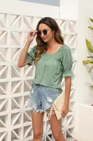 Women's Summer Casual Loose Short Sleeves U-Neck T-shirt Sweet Fresh Style Puff Sleeve Mid-Length Top Bandage Dress Sleeve sku image 11