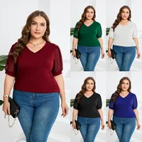 Fashion Style Women's T-shirt Pure Color Mesh Short Sleeve V-neck Puff Sleeve Mid-Length Cotton Street Fashion Tops main image 1