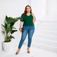 Fashion Style Women's T-shirt Pure Color Mesh Short Sleeve V-neck Puff Sleeve Mid-Length Cotton Street Fashion Tops main image 2