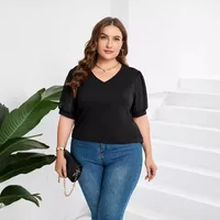 Fashion Style Women's T-shirt Pure Color Mesh Short Sleeve V-neck Puff Sleeve Mid-Length Cotton Street Fashion Tops main image 3